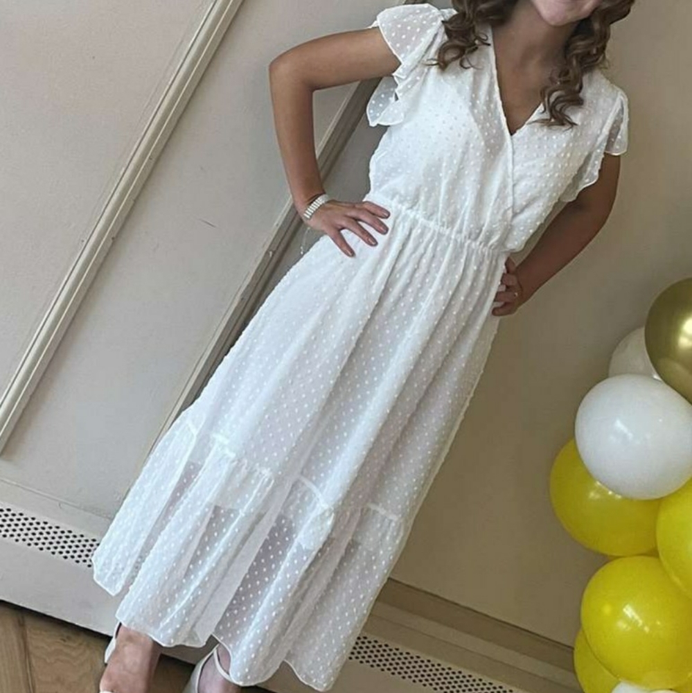 White Swiss Dot Maxi Dress with Flutter Sleeves
